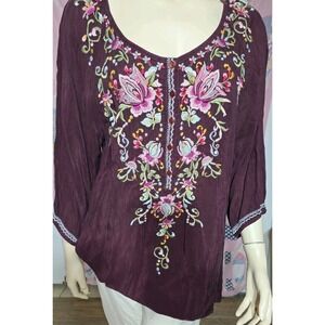 Johnny Was Women's L Merlot Moon Blouse‎ Embroidered Boho Chic Tunic Burgundy